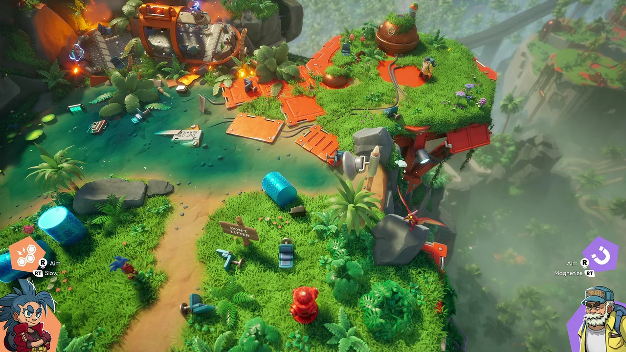 Two Age Twisters characters on separate grassy platforms, with slow and magnet abilities shown on screen.