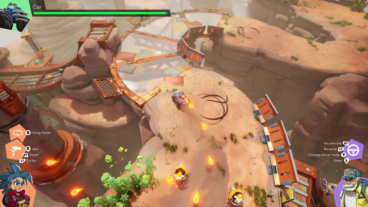 A shared vehicle crossing a desert arena in Age Twisters, with driving and shooting controls for the two players.