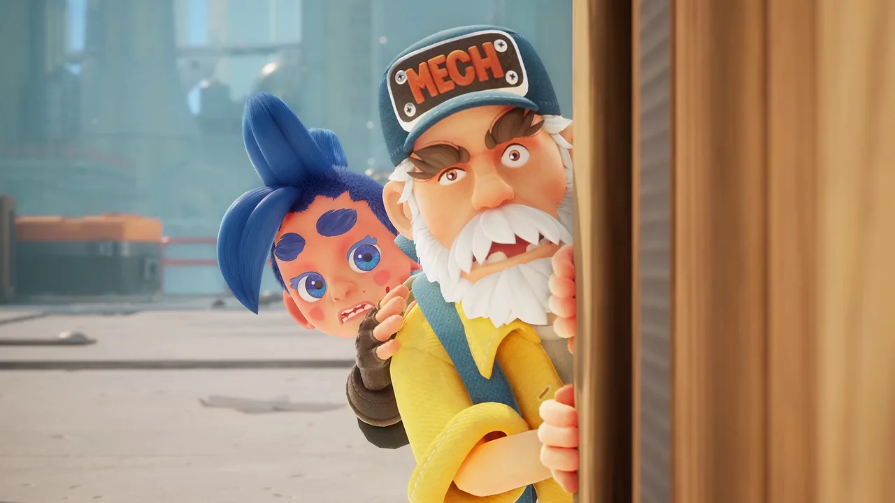 A grandfather and his blue-haired granddaughter peeking around a wooden door in Age Twisters.