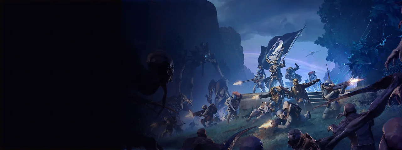 Helldivers 2 hero art showing Helldivers surrounded by enemies