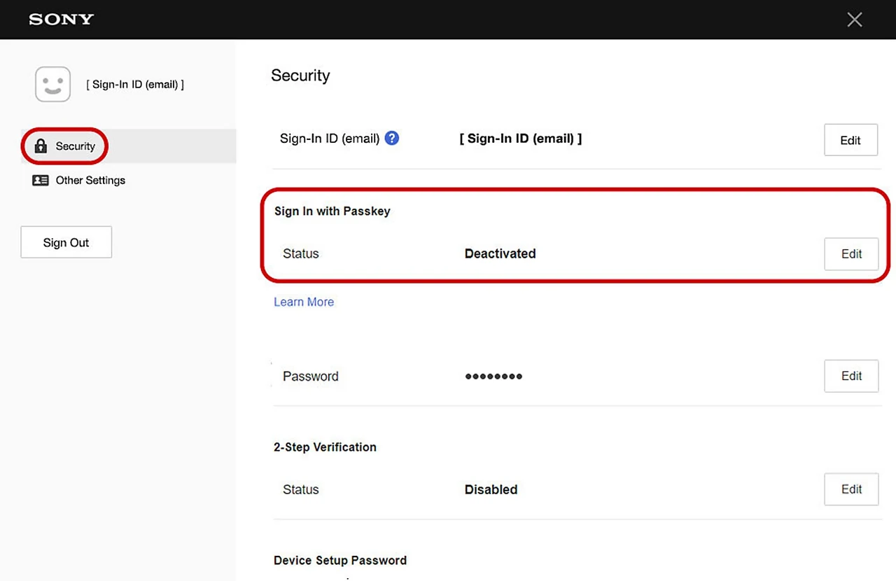 Sony Account Management Security screen with the Sign In with Passkey setting highlighted.