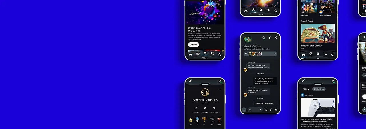 PS App background art featuring UI view of the mobile application.
