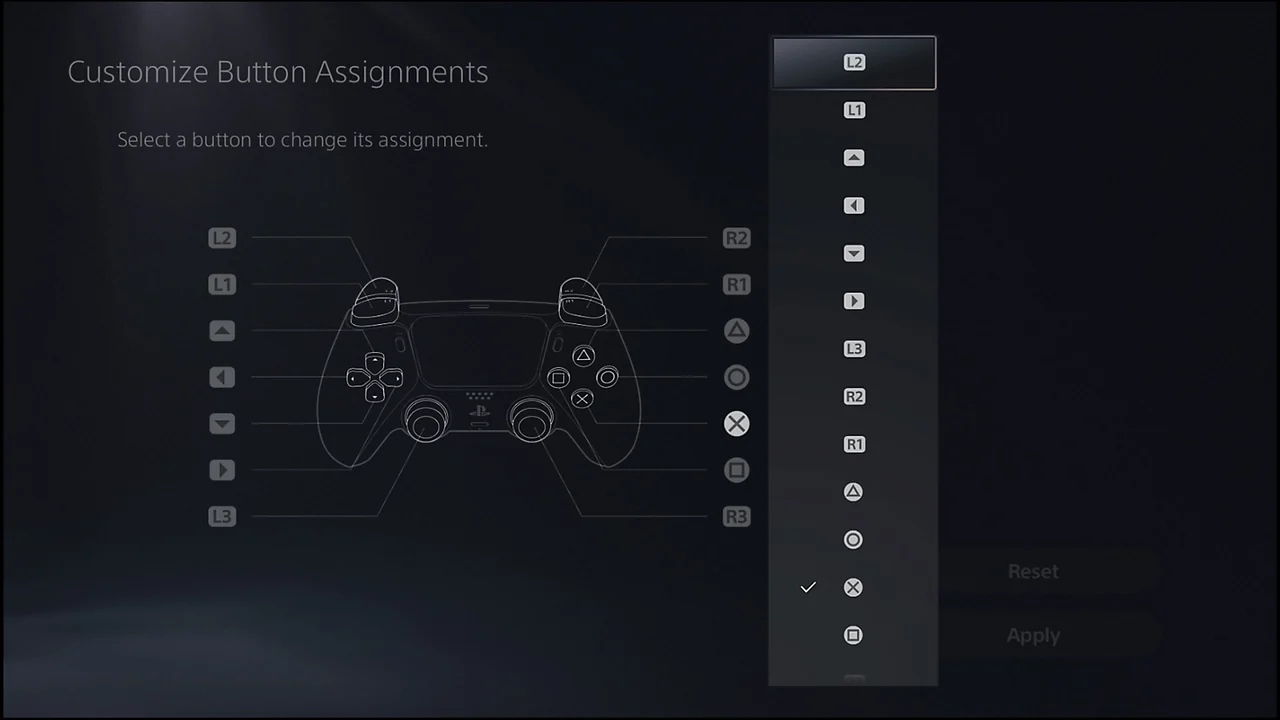 PS5 Customize Button Assignments screen showing a DualSense controller and a list of remappable buttons.