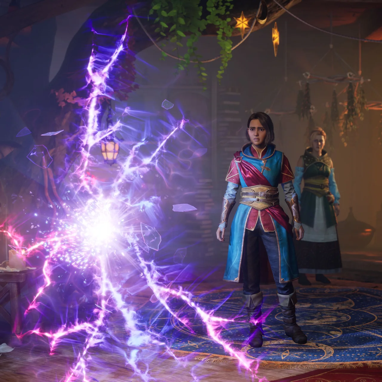 Mio and Zoe stand beside a purple magical rift inside a witch’s hut in Split Fiction.