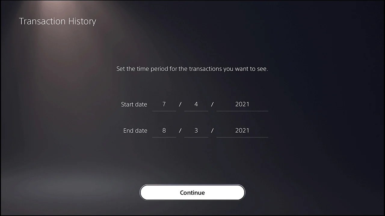PS5 Transaction History screen with start and end date fields for checking game and add-on purchases.