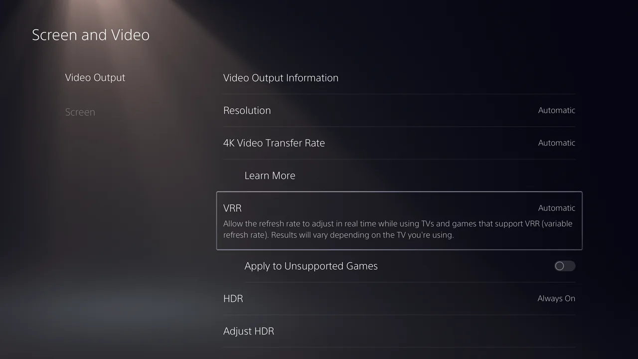 PS5 Screen and Video settings showing VRR and HDR options in Sony’s 2022 screenshot.
