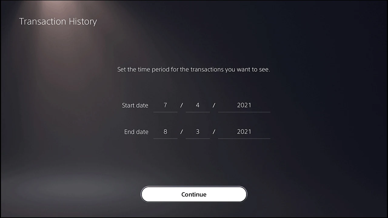 PS5 Transaction History date-range selector used to look up a game purchase.