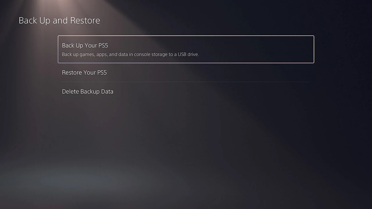 PS5 Back Up and Restore menu with Back Up Your PS5 selected.