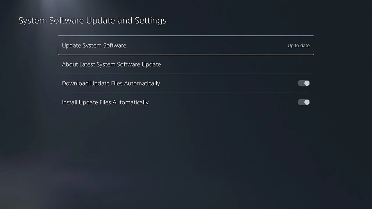 PS5 System Software Update and Settings screen with Update System Software Update highlighted.