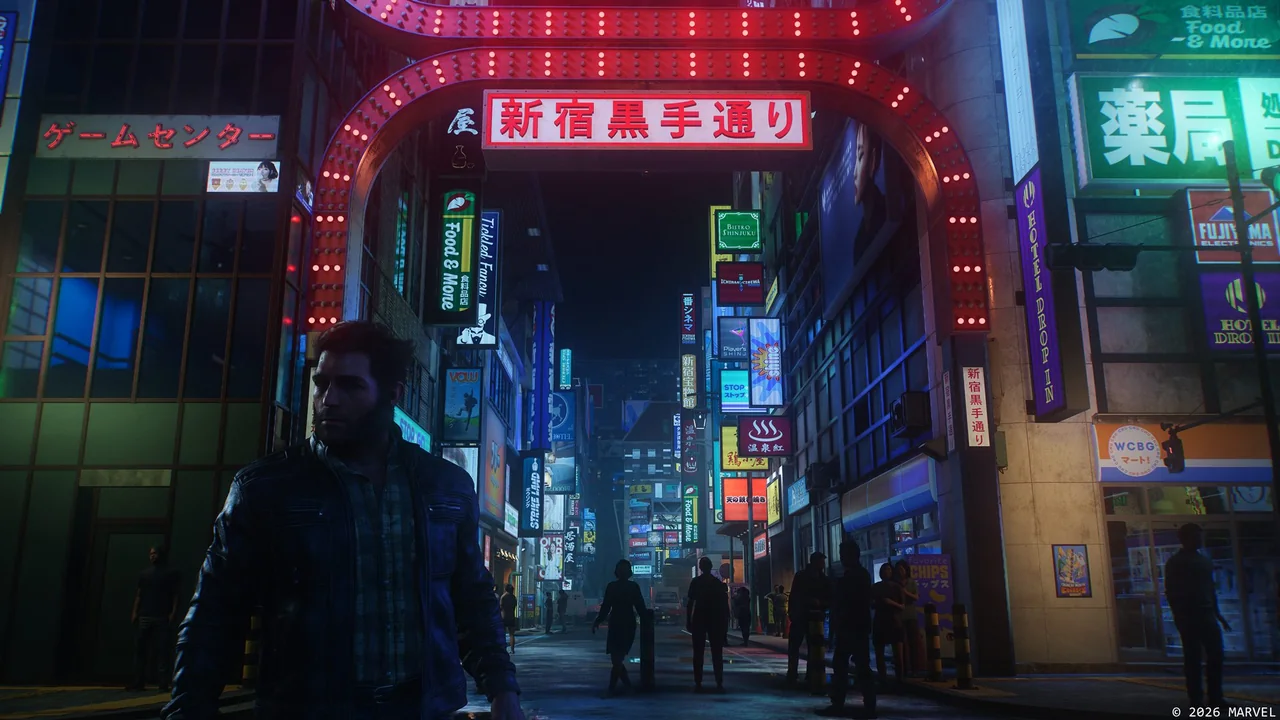 Logan beneath neon signs in Marvel's Wolverine, shown in Sony's QSSR announcement.