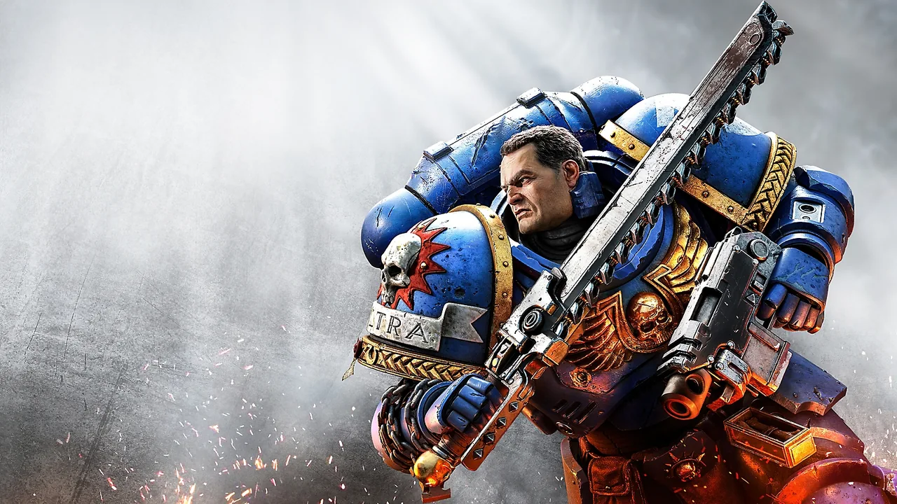 Warhammer 40,000: Space Marine 2 hero artwork showing a charging marine in blue armor