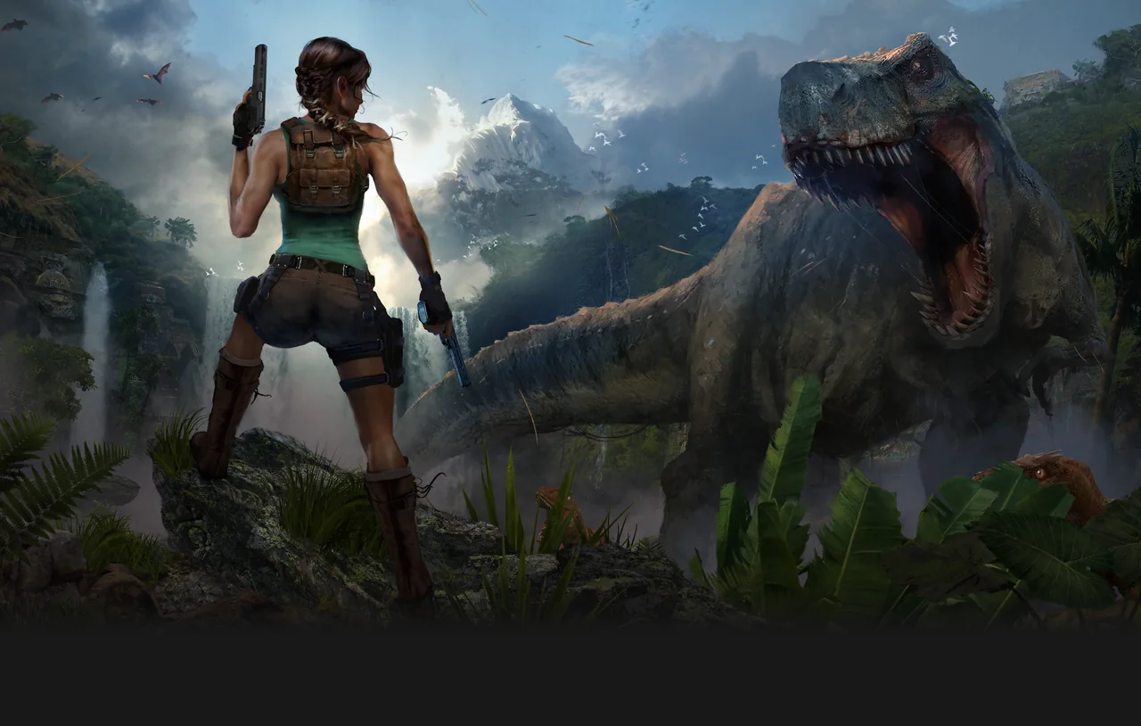 Lara Croft faces a Tyrannosaurus rex among jungle ruins in official Tomb Raider: Legacy of Atlantis artwork.