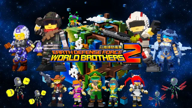 Official Earth Defense Force: World Brothers 2 artwork with colourful voxel soldiers and enemies.