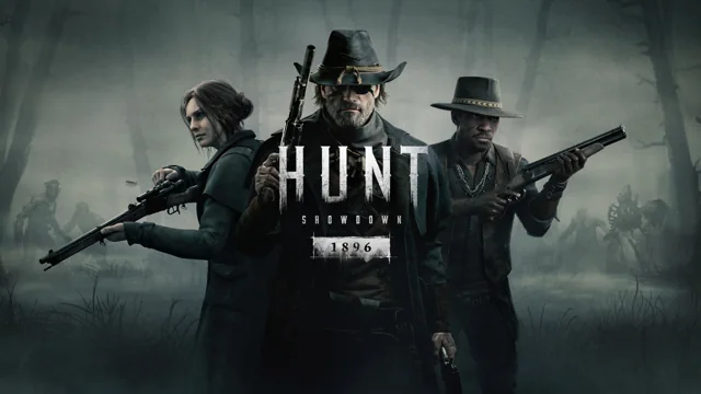 Official Hunt: Showdown 1896 artwork with three armed hunters in a misty landscape.